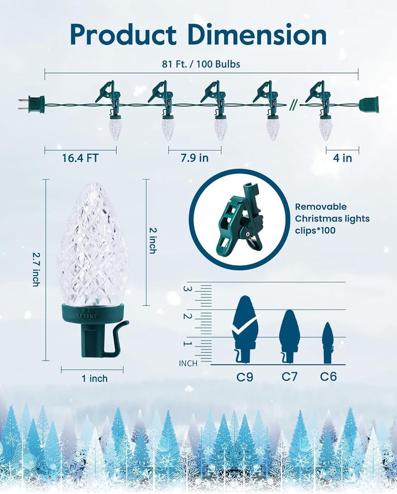 C9 Christmas Lights - 100 LED Waterproof String Lights | 65FT Commercial Grade for Outdoor Decor