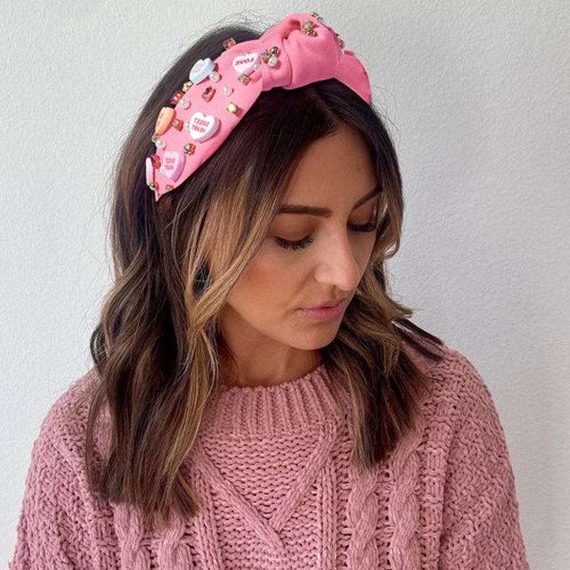 AENMTU Valentine’s Day Headband for Women Girls Top Knot Jeweled Rhinestone Velvet Plush Hair Accessories Pink Red Heart Clothes Outfit