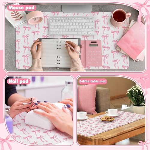 Teenyyou Coquette Bow Makeup Mat for Vanity Top Protector, Valentine Dual Sided Leather Vanity Waterproof Desk Pad Dressing Mat Nonstick Gifts for Women Home Office Decor(Pink,15.7" X 31.5")