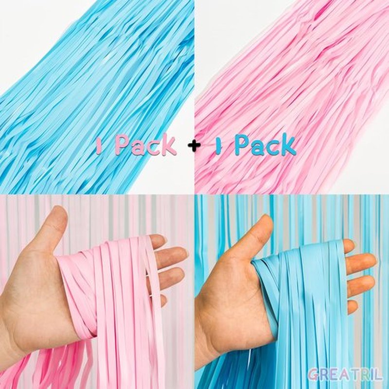 GREATRIL Party Photo Backdrop - Pink & Blue Foil Fringe Tinsel Streamers for Gender Reveal & Birthdays - 3.2ft X 8.2ft | 2 Packs