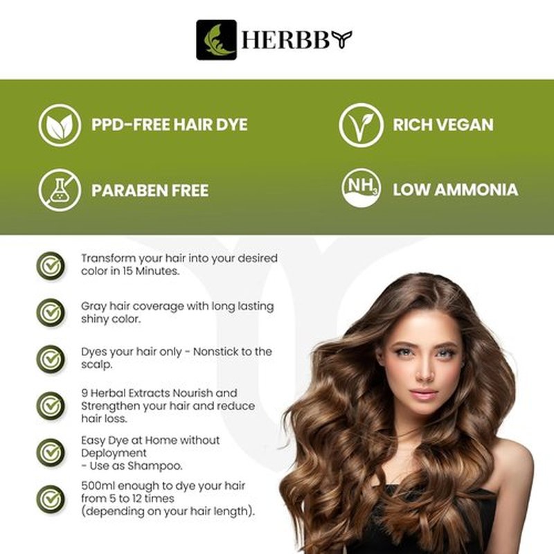 HERBBY Gray Hair Coverage Shampoo & Conditioner - Transform Color with 9 Herbal Extracts, 500 ml (Chestnut Brown)