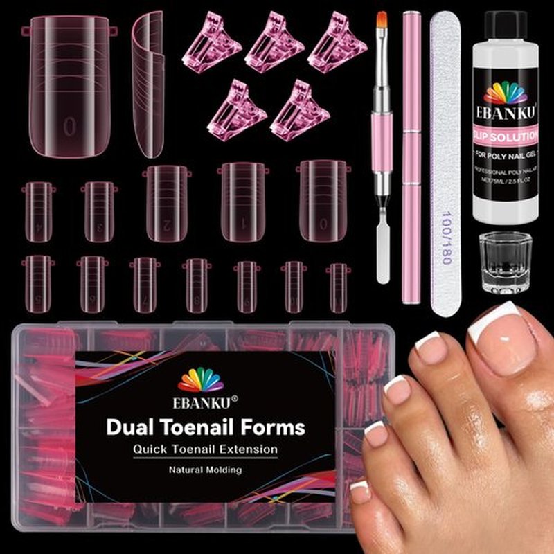 Poly Gel Nail Forms Kit For Toes and Fingers, EBANKU 240PCS Square Toes Dual Forms Nail Extension, Straight Flat Pre-etched, Includes 2.5oz Nail Slip Solution, Dual-Ended Brush, Nail File & 5 Clips