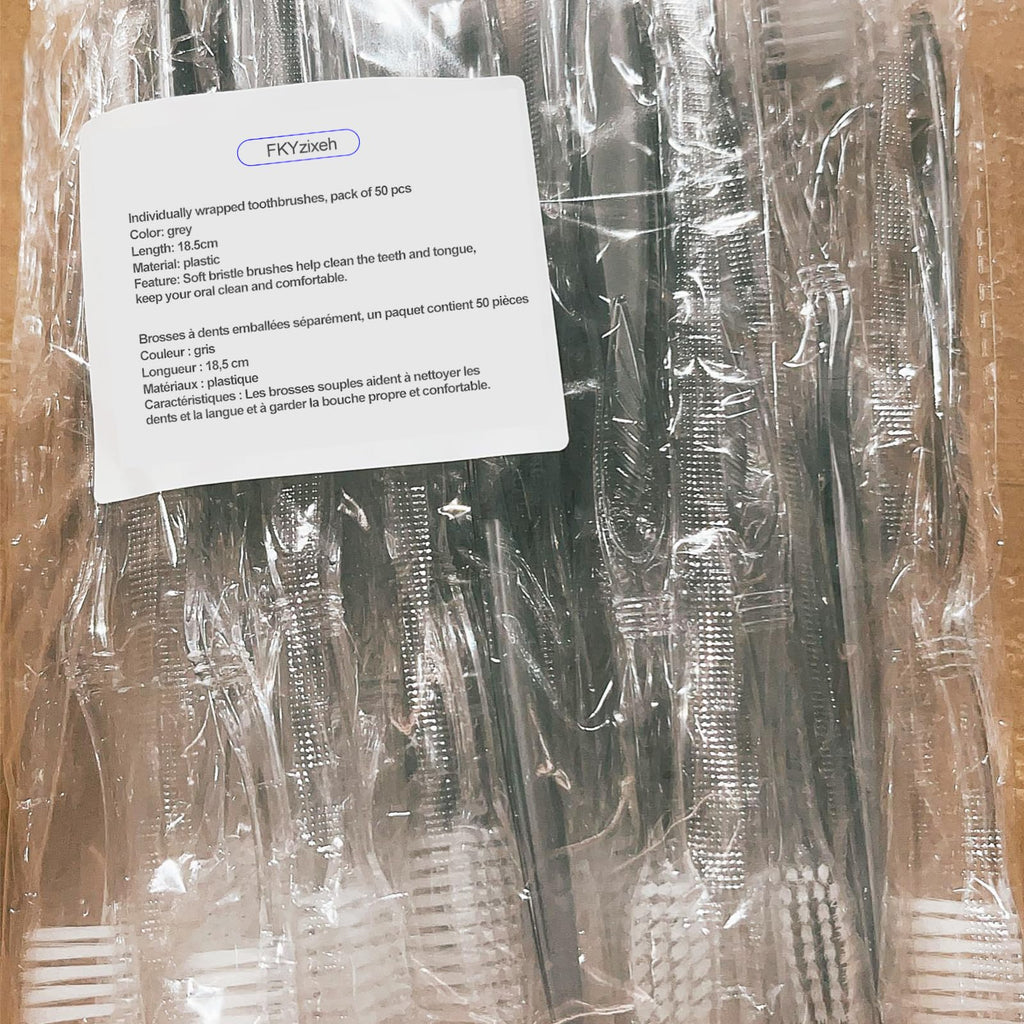 FKYzixeh Grey Handle Toothbrush Bulk, Disposable Toothbrushes Individually Packaged, Toothbrush for Travel, Hotel and Homeless (50 Pack)