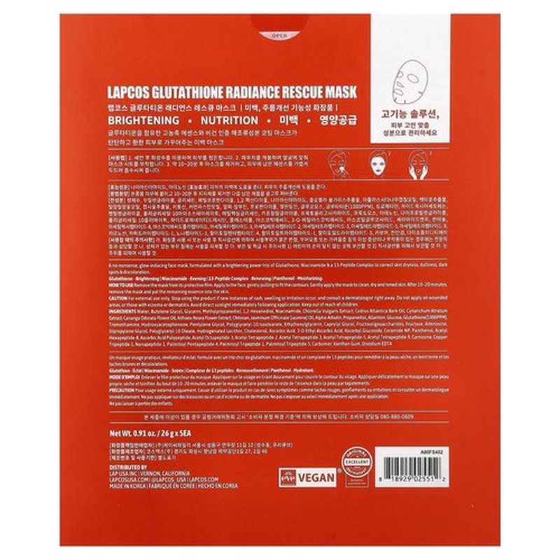 LAPCOS Glutathione Radiance Rescue Mask - Korean Skin Care Mask w/Glutathione, Niacinamide & Peptides - Hydrating Face Masks Spa Gifts for Women - Revitalizing & Firming Face Mask (5 Count, 0.91 oz)