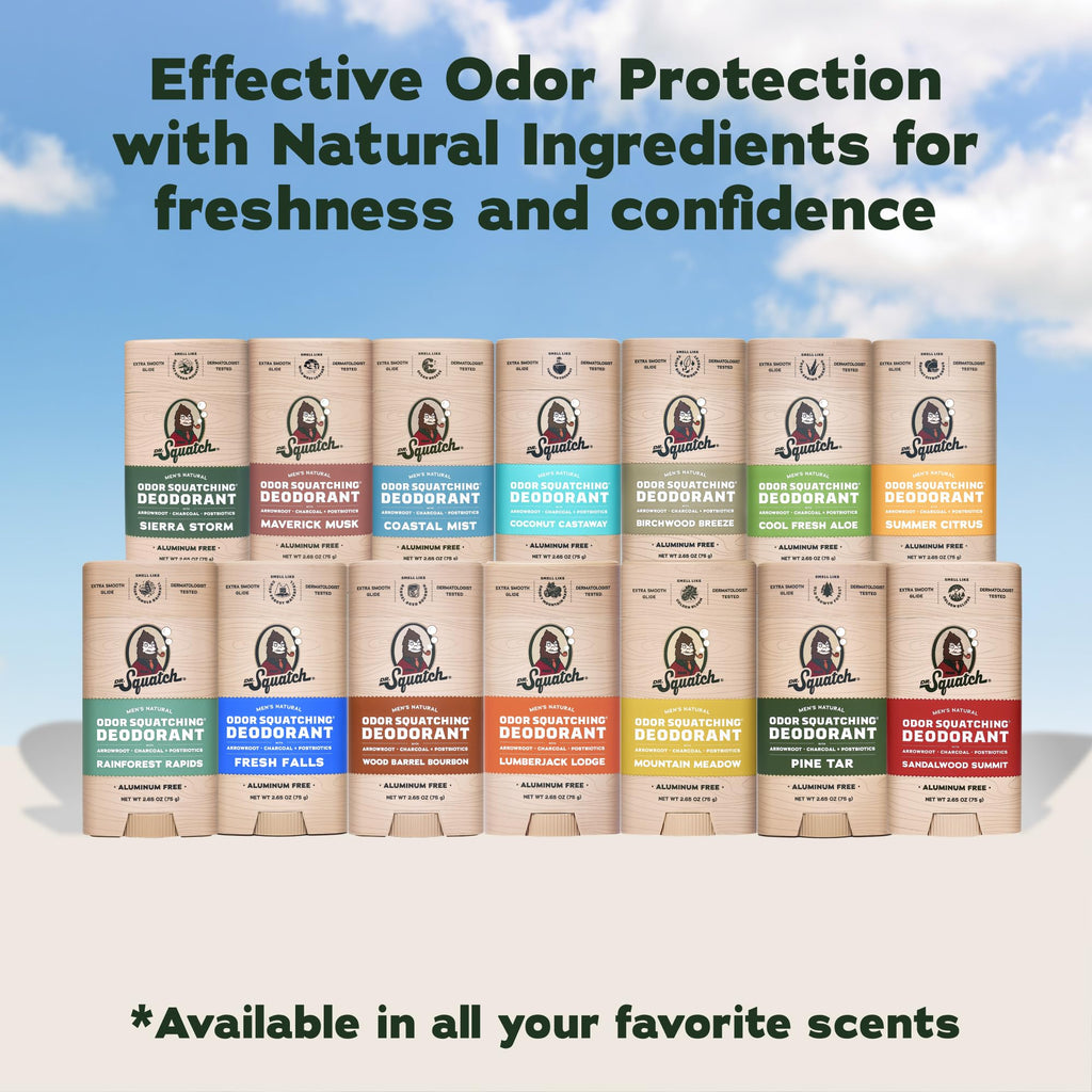 Dr. Squatch Natural Men’s Deodorant – Aluminum Free Natural Deodorant Men with Charcoal & Postbiotics for 72-Hour Odor Protection – Rainforest Rapids + Fresh Falls, 2.65oz Stick (2-Pack)