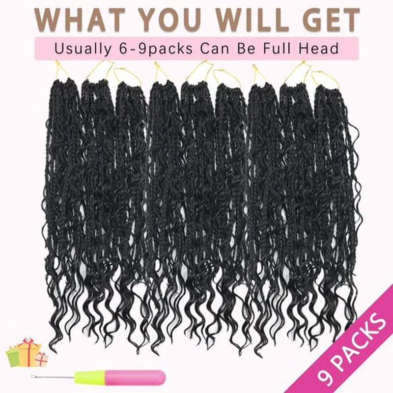 Boho Crochet Braids Human Hair Mixed Synthetic 14Inch 9 Packs Goddess Braids Pre looped Bohemian Braid Crochet Hair for Black Women (14Inch,1B)