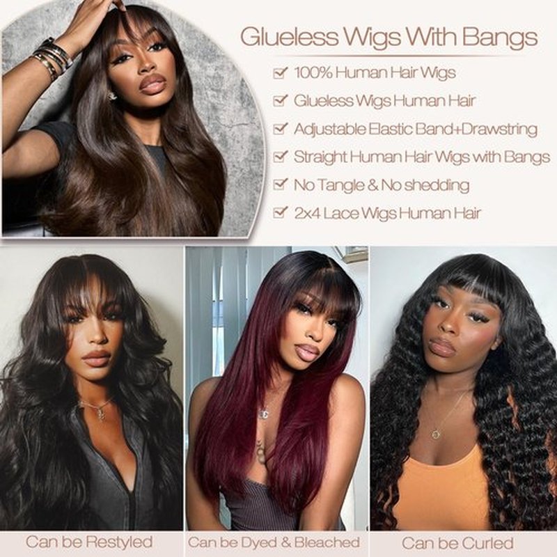 eddfine Straight Human Hair Wigs with Bangs 2x4 Lace Closure Wigs Human Hair 180% Density Drawstring Glueless Wigs Human Hair for Women Lace Front Wigs Human Hair Natural Black 18inch.