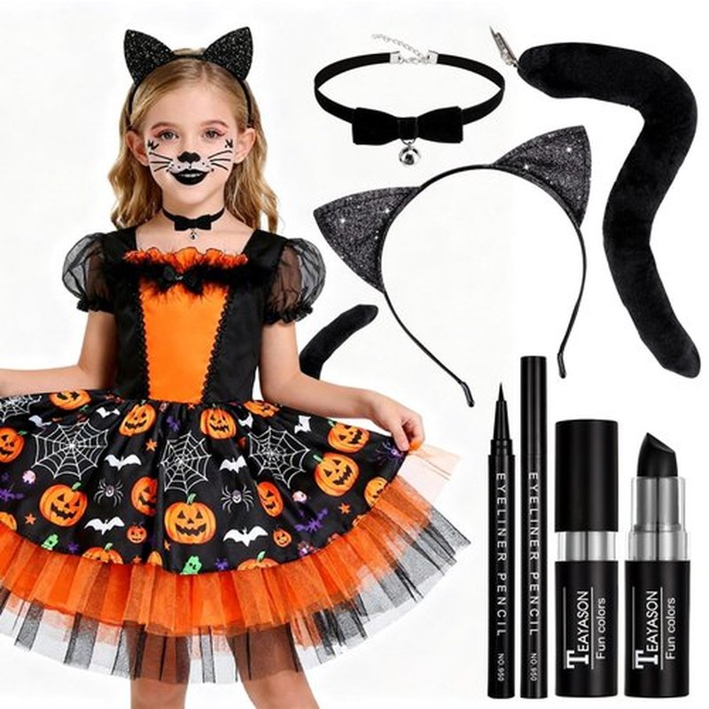CAHOTO Halloween Black Cat Makeup Kit for Adult, Ears Headband, Black Lipstick, Eyeliner, Tail, and Bell Collar, Costume Accessories for Cosplay Party SFX Makeup