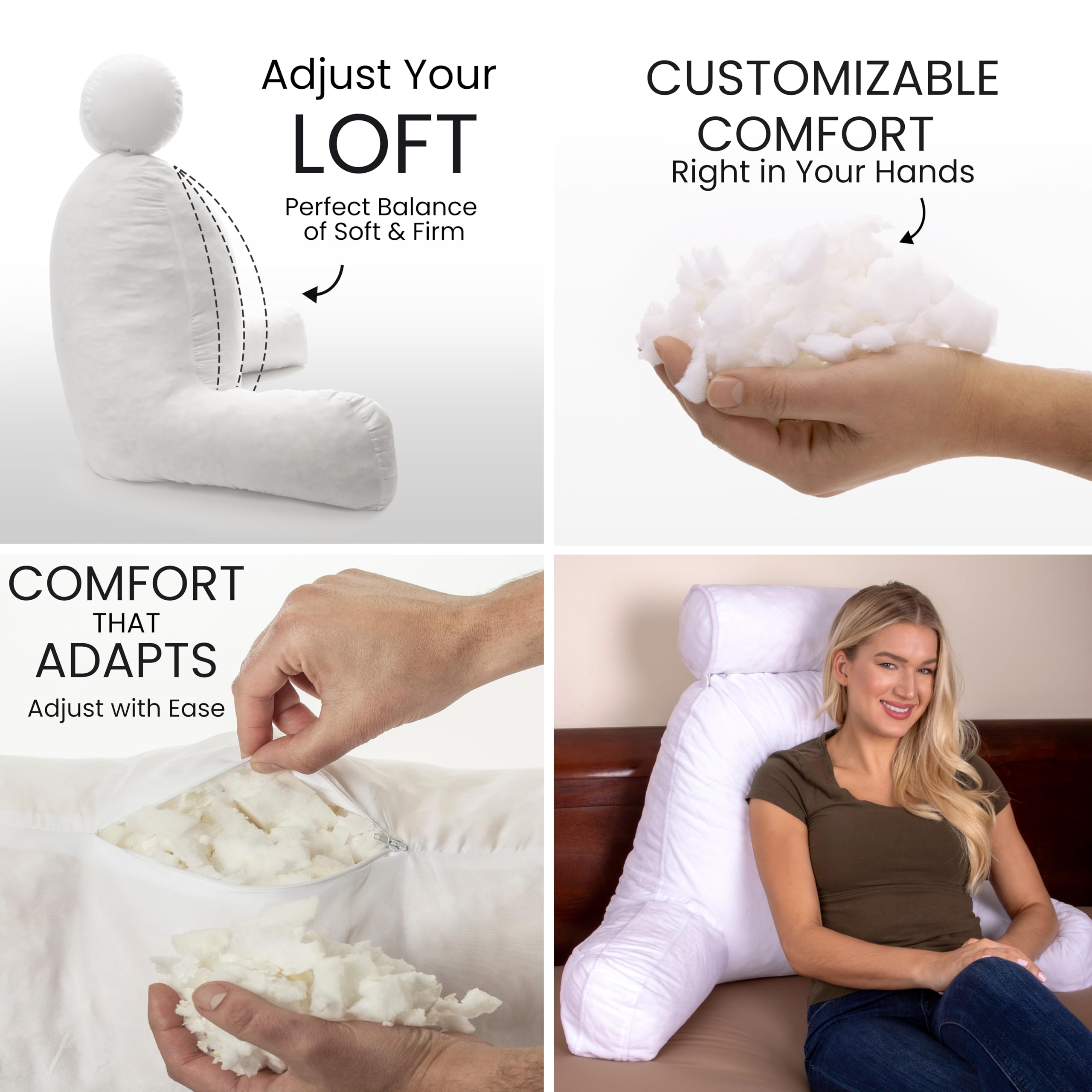 Husband Pillow XXL Reading & Bed Rest Pillows - Premium Memory Foam Backrest Pillow with Arms & Neck Roll - Aspen Edition White Dandelion - Reversible 2 Sided Cover with Plush Microfiber and Suede