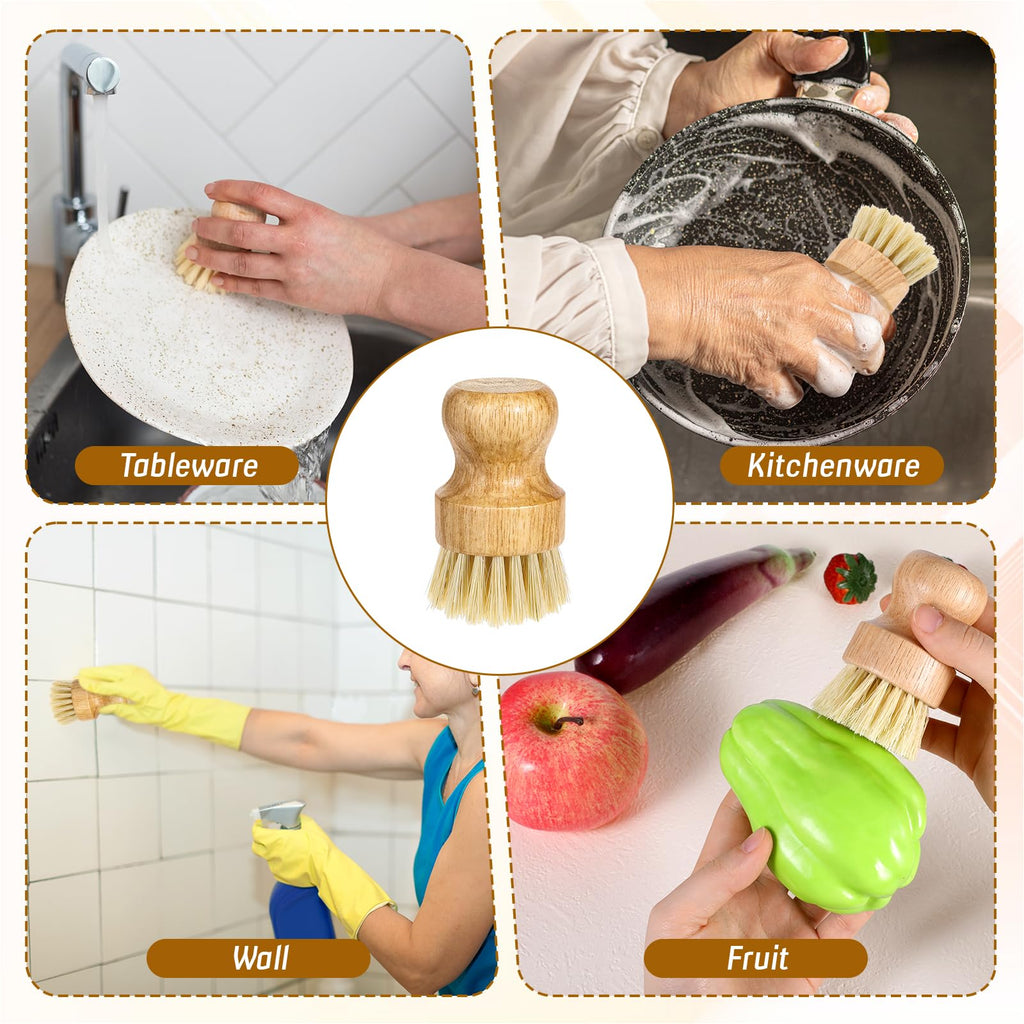 12 Pcs Bamboo Dish Scrub Brushes Kitchen Dishwashing Cleaning Brush Wooden Scrubbers Set Sisal Bristles Cleaner Scrubber for Washing Cast Iron Pan Pot Sink Spatula