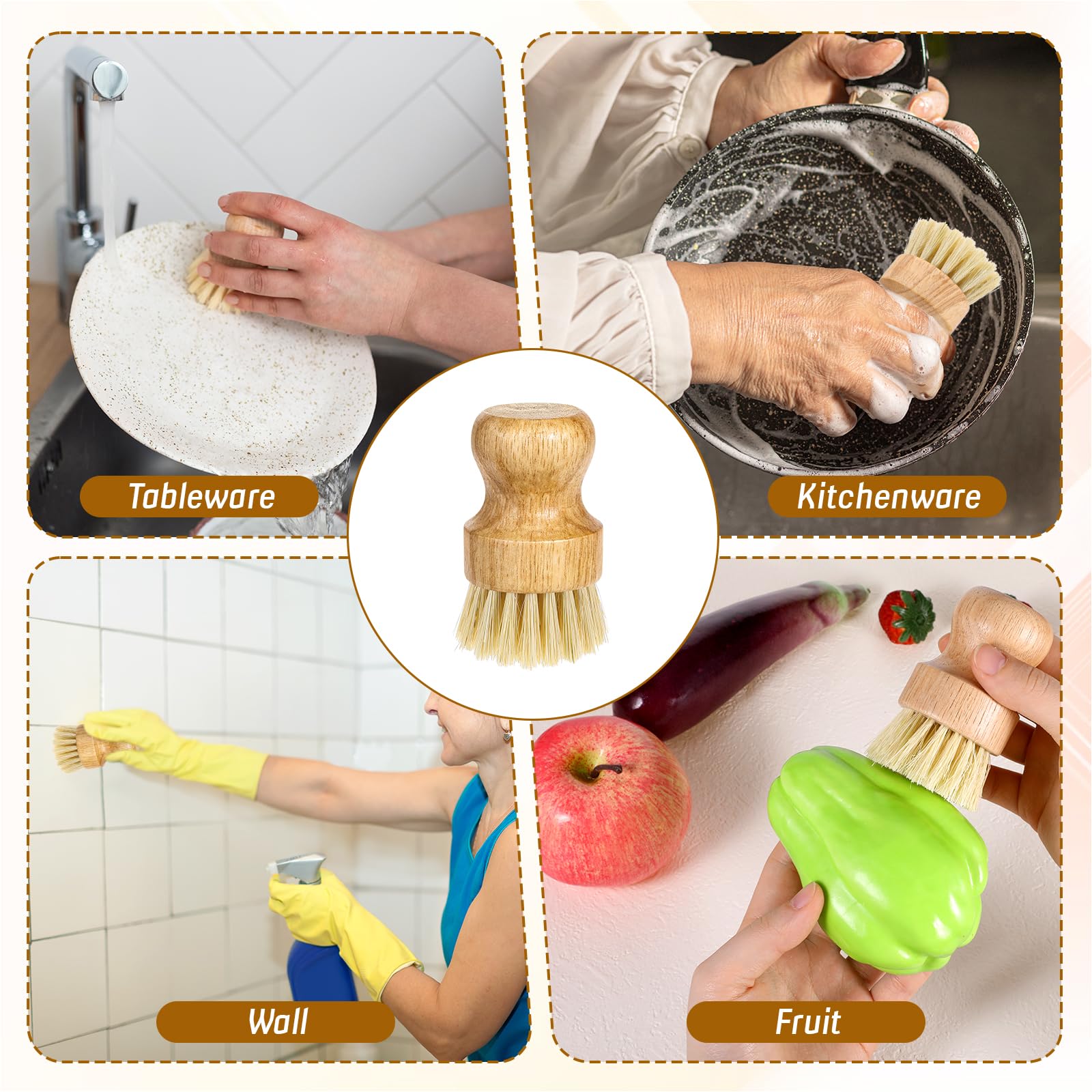 12 Pcs Bamboo Dish Scrub Brushes Kitchen Dishwashing Cleaning Brush Wooden Scrubbers Set Sisal Bristles Cleaner Scrubber for Washing Cast Iron Pan Pot Sink Spatula