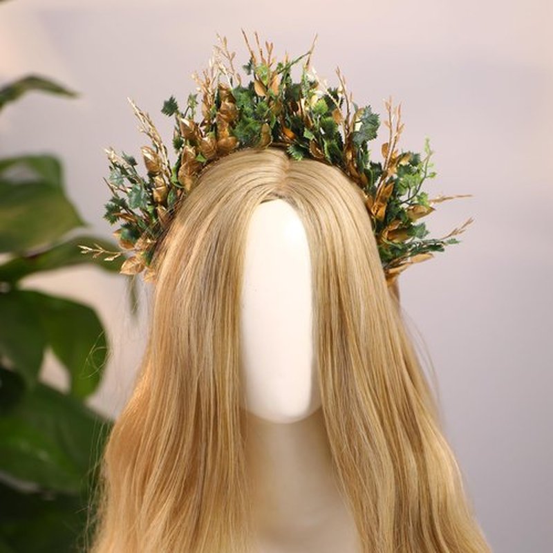 MOSTORY Handmade Woodland Halo Crown - Forest Headband Flower Hairband Goddess Floral Crown for Women s Cosplay Party Renaissance Carnival Wedding Photo Shoot Gold Green