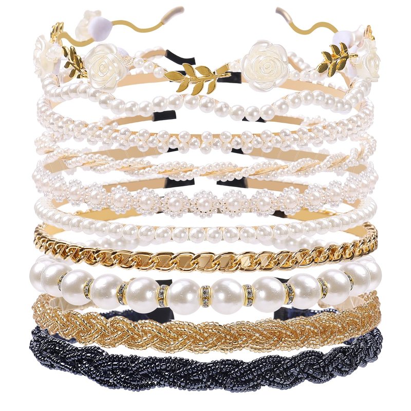 Zifengcer Pearl and Metal Headbands - Beaded No Slip Hair Accessories for Women and Girls, 10 Pack