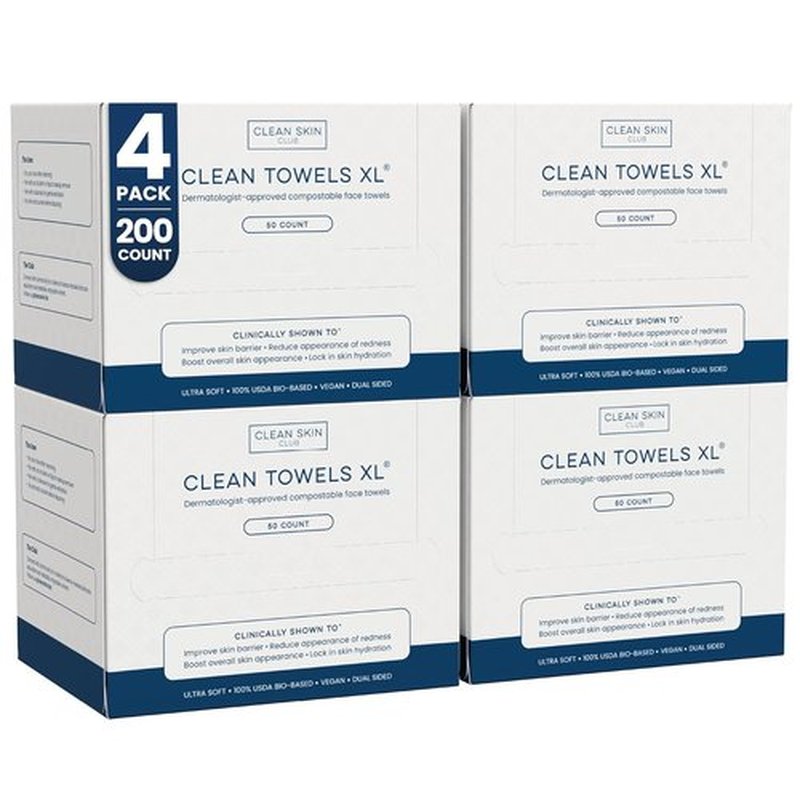 Clean Skin Club Clean Towels XL® - 100% Biobased Disposable Face Towels | Ultra Soft, 200 Count Total