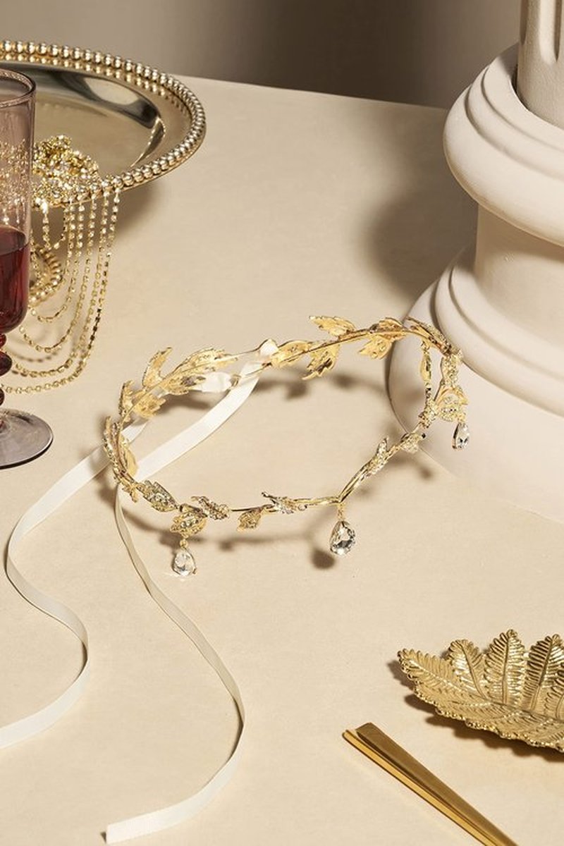 BABEYOND Crystal Leaf Wedding Diadem Headband Bridal Bridesmaid Forehead Band Rhinestone Bridal Tiara Crown with Gift Box, Gold, One size