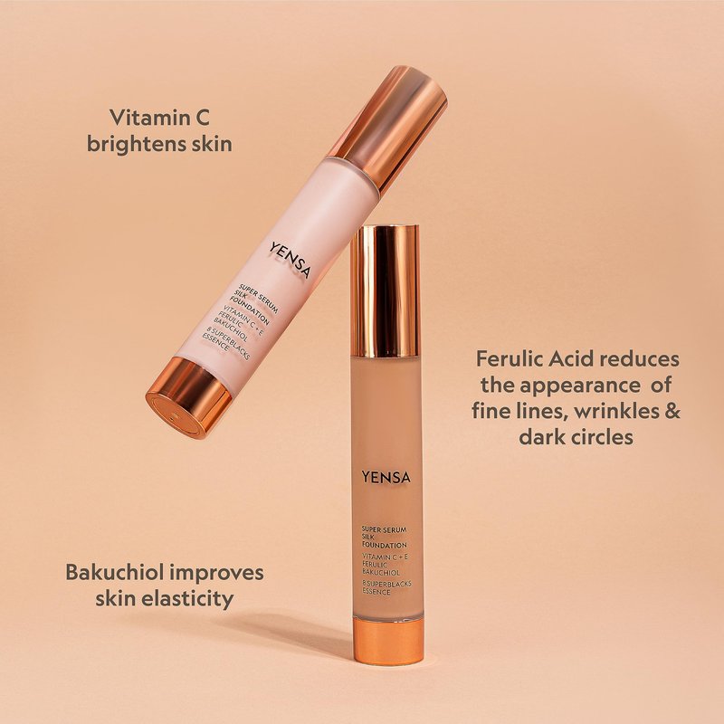 YENSA Serum Foundation Makeup - Super Silk Full Coverage Foundation Enriched with Peptides, Vitamin C & Ferulic Acid to Help Reduce Fine Lines, Wrinkles & Dark Circles - Medium 1 (1 oz)