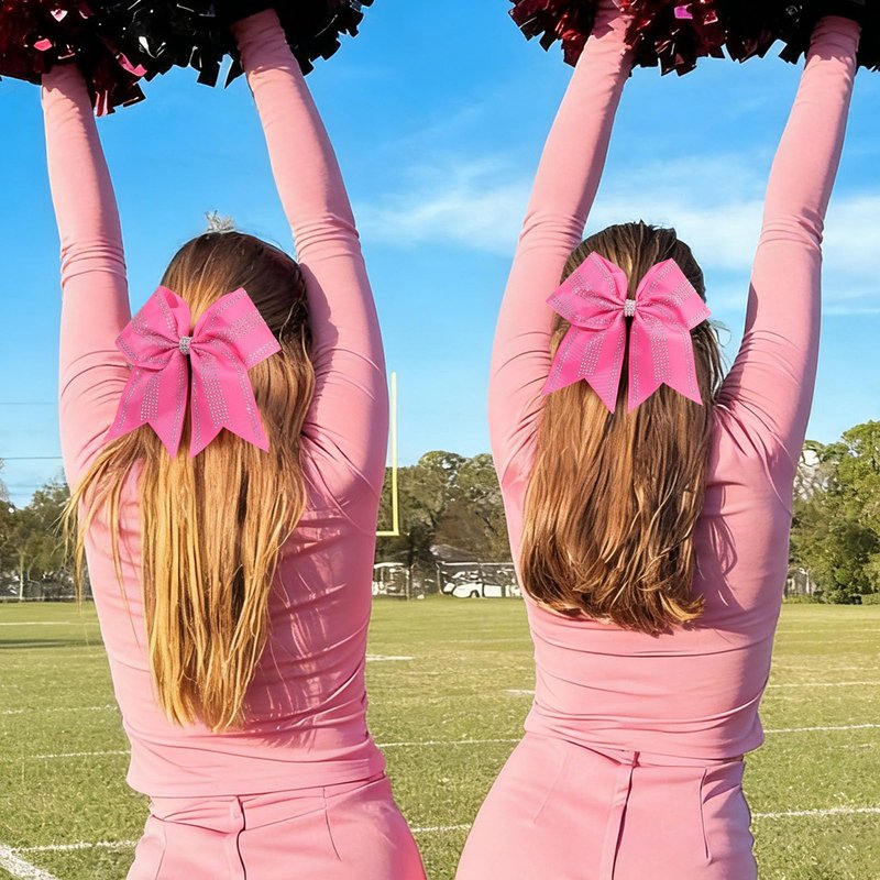 VOBOBE 12PCS Large Cheer Hair Bows for Cheerleader, Pink 8" Glitter Rhinestones Grosgrain Ribbon Elastic Band Ponytail Holder Hair Tie for Cheerleading Soccer Basketball Sport Competitions (Pink)