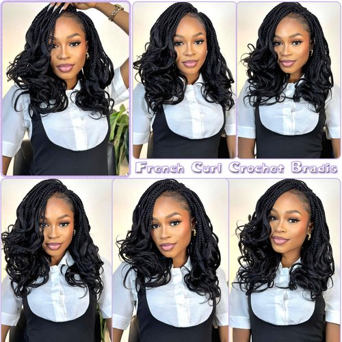 French Curl Crochet Braids 12 Inch Goddess Box Braids Crochet Hair 8 Packs Pre Looped Crochet Box Braid with Curly Ends Synthetic French Curly Braiding Hair Extensions 1B#