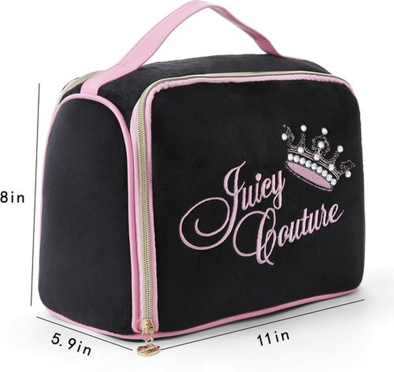 Juicy Couture Black Makeup Bag - Vintage Velour Cosmetics Organizer with Rhinestone Crown