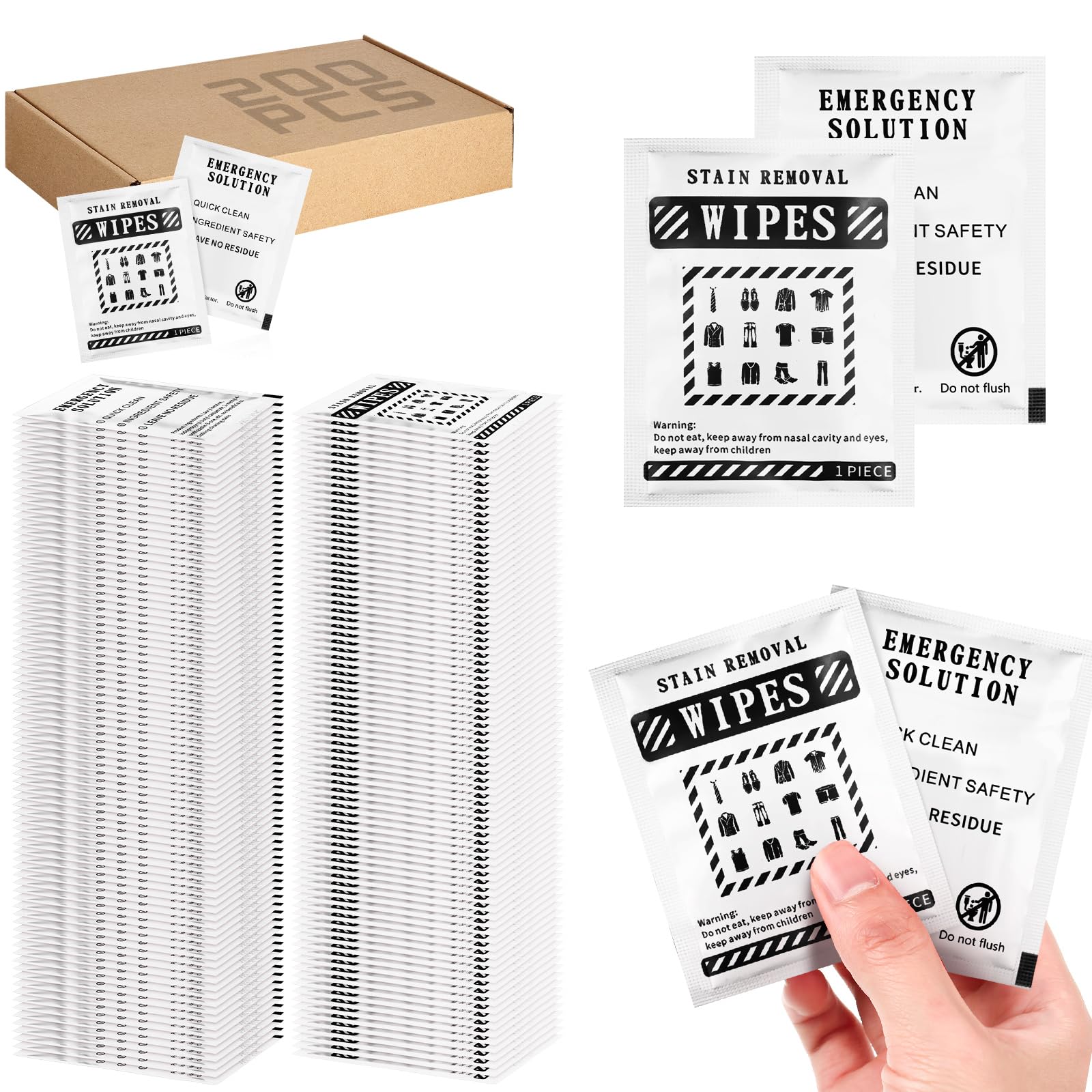Timgle 200 Pcs Instant Stain Remover Wipes Individual Wrapped Stain Remover Wipes Bulk Portable No-rinse Cleaner for Clothes Fabric Coffee Grease Travel Purse Diaper Bag Car Laundry (Black)