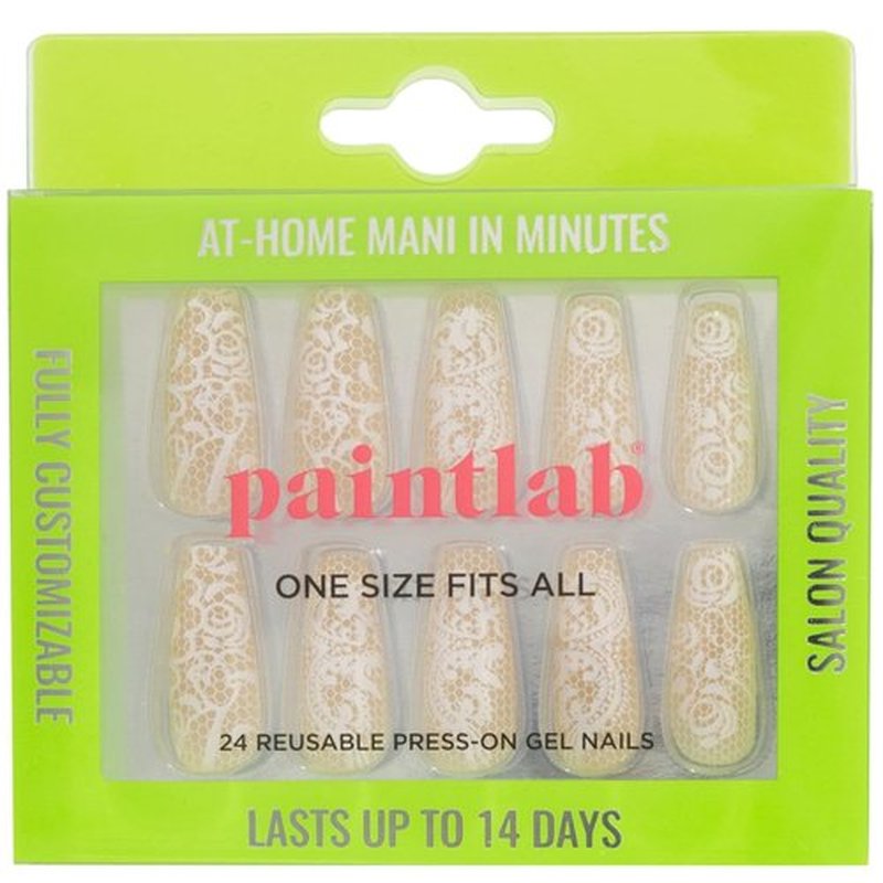PaintLab Press-On Nails Manicure Kit, Beige Lace - Coffin, 30-Piece Set, Long-Lasting Fake Nails with Glue, File, Prep Pad & Cuticle Stick
