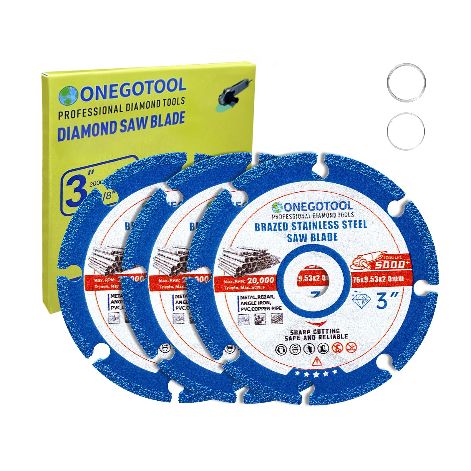 ONEGOTOOL 3 inch Diamond Cutting Wheels for Angle Grinder Discs Metal Saw Blades Applied to Stainless Steel Iron Tile Marble 3/8" Arbor -3 Pack