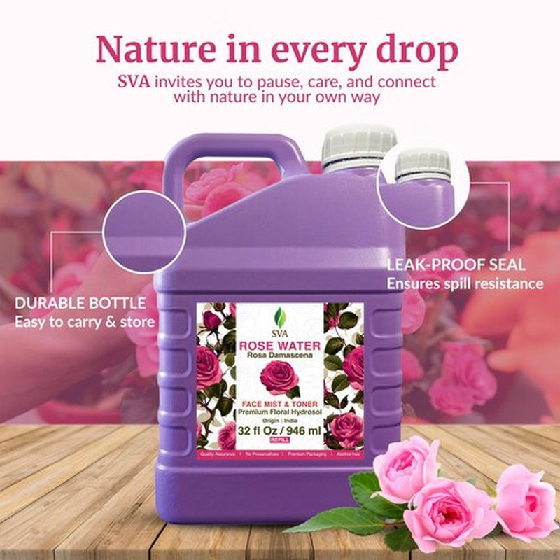 SVA Rose Water - 32 Fl oz - Refreshing Rose Water Spray for Skin Care, Skin Hydration, Bath, Soaps, Haircare & Aromatherapy