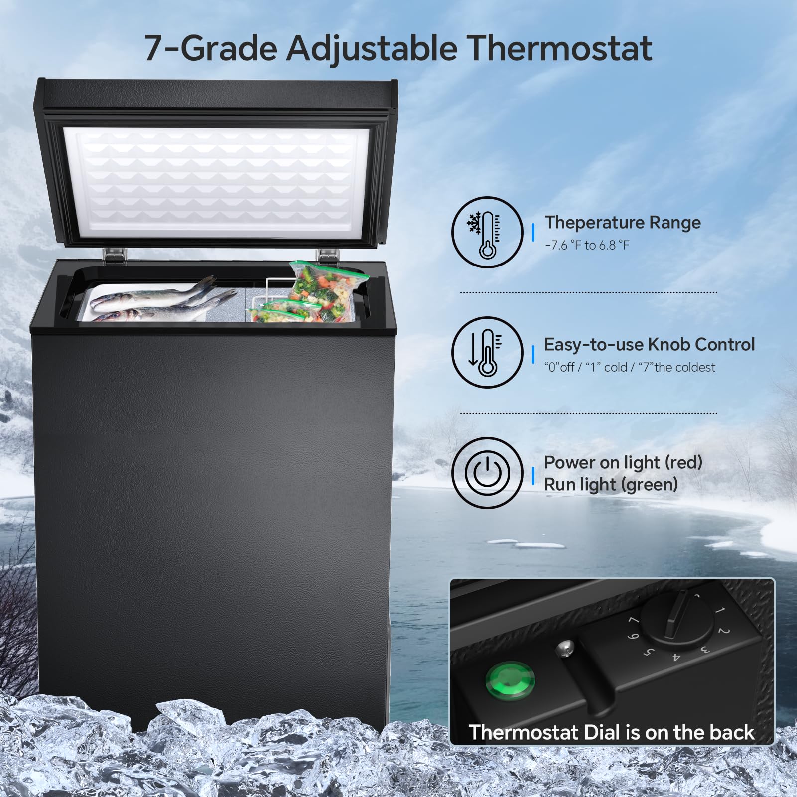 Kismile 3.2 Cubic Feet Chest Freezer with 2 Removable Basket Free Standing Top Open Door Compact Freezer with Adjustable Temperature for Home/Kitchen/Office/Bar