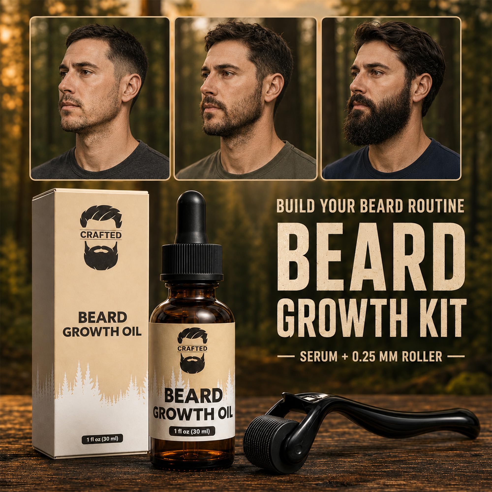 Crafted Beard Growth Kit - Grow a Thicker, Fuller Beard - Complete 3-Month Set with Oils, Roller, and Vitamins (1 Month Kit)