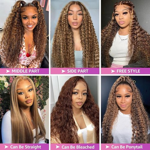 Tuviso 26 Inch Highlight Ombre Lace Front Wigs Human Hair 200% Density 4/27 Colored Pre Plucked Deep Wave 13x6 HD Lace Frontal Wigs Glueless Wig with Baby Hair Honey Blonde Deep Curly Wig for Women