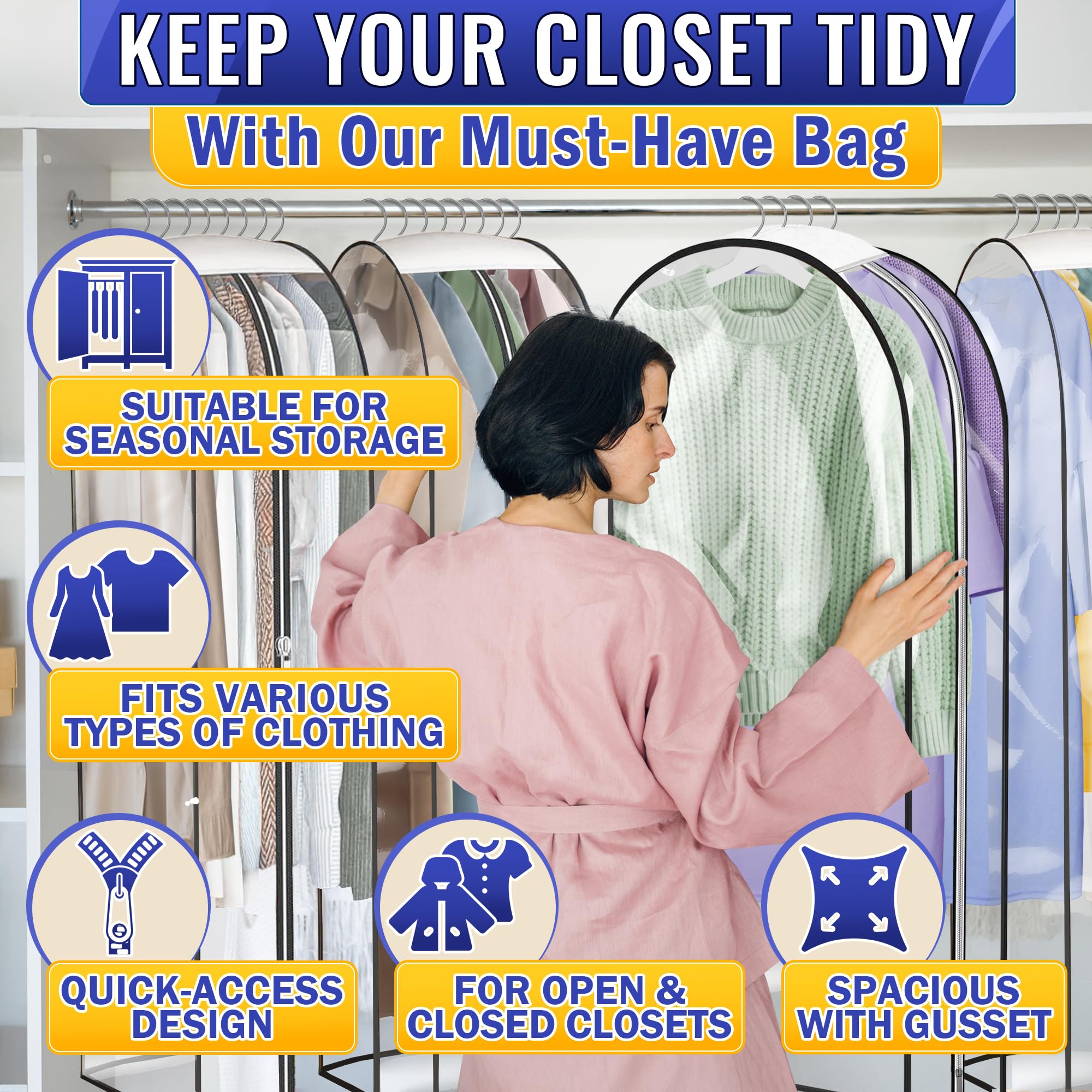 4 Pcs 40-Inch Clear Garment Bags for Hanging Clothes, Dust-Proof