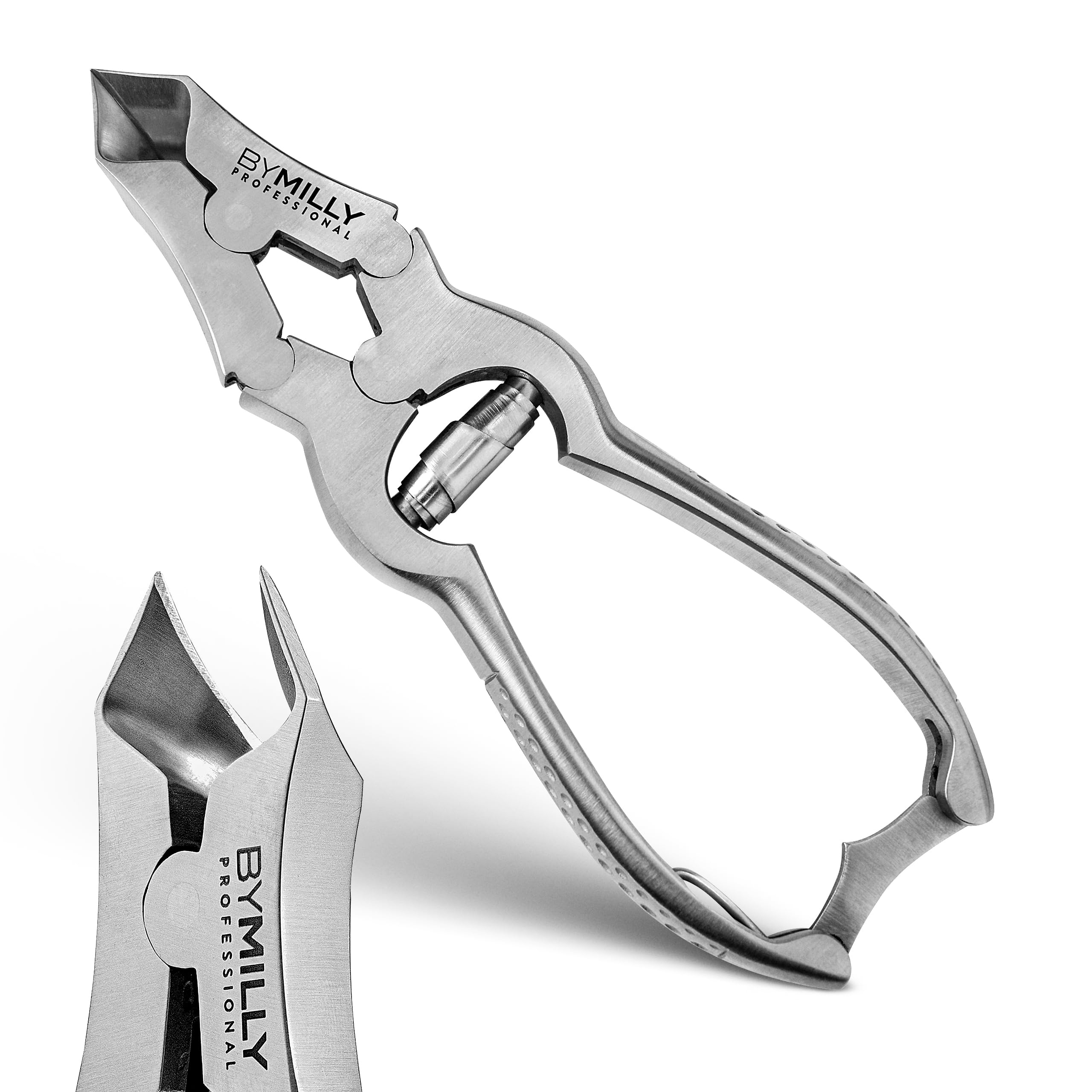By MILLY Heavy Duty Toenail Clippers for Thick Toenails, Double Hinge Clippers for Hard and Ingrown Toenails, Curved Blade, High Carbon Stainless Steel, Safety Lock (Matte Silver)