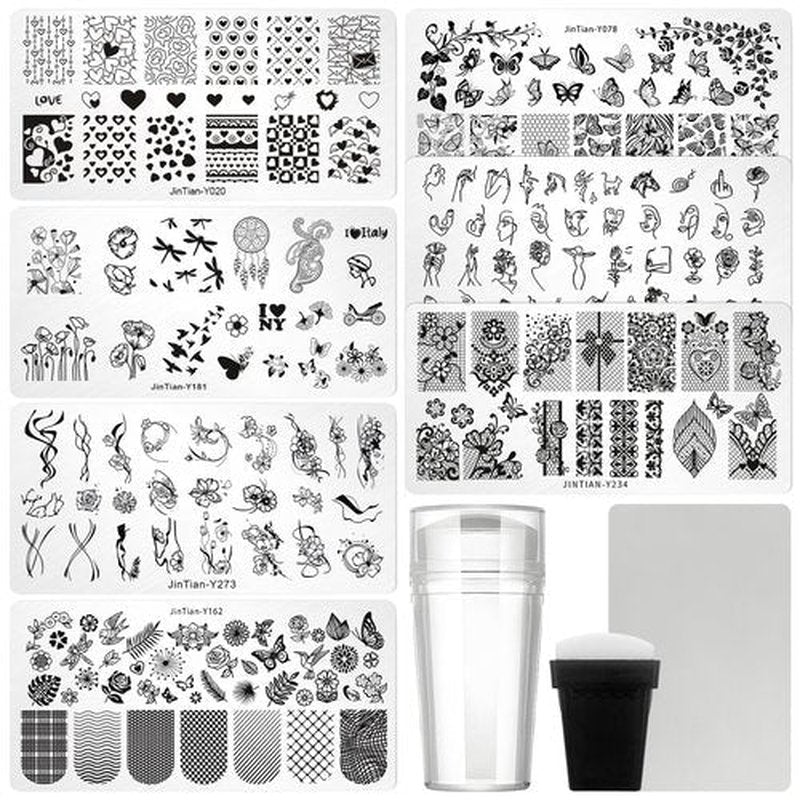 7pc Nail Stamping Plate Kit Butterfly Heart Letter Nails Stamp Plate Leaf Flower Nail Art Template Stencil Fingernail Polish Stamps Plates Set Silicone Stamper Scraper French Tips Nails Design Tools