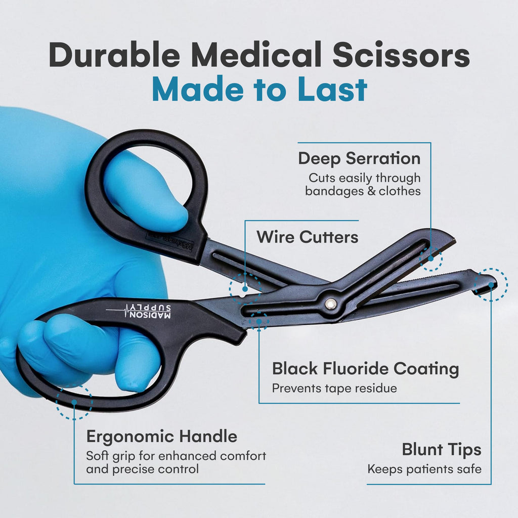 Madison Supply EMT and Trauma Shears for Left and Right Hand -7.5-Inch Bandage Scissors, Stainless Steel Medical Shears -Fluoride-Coated Blades for First Responder, Nurse, and Doctor (2 Pack, Black)