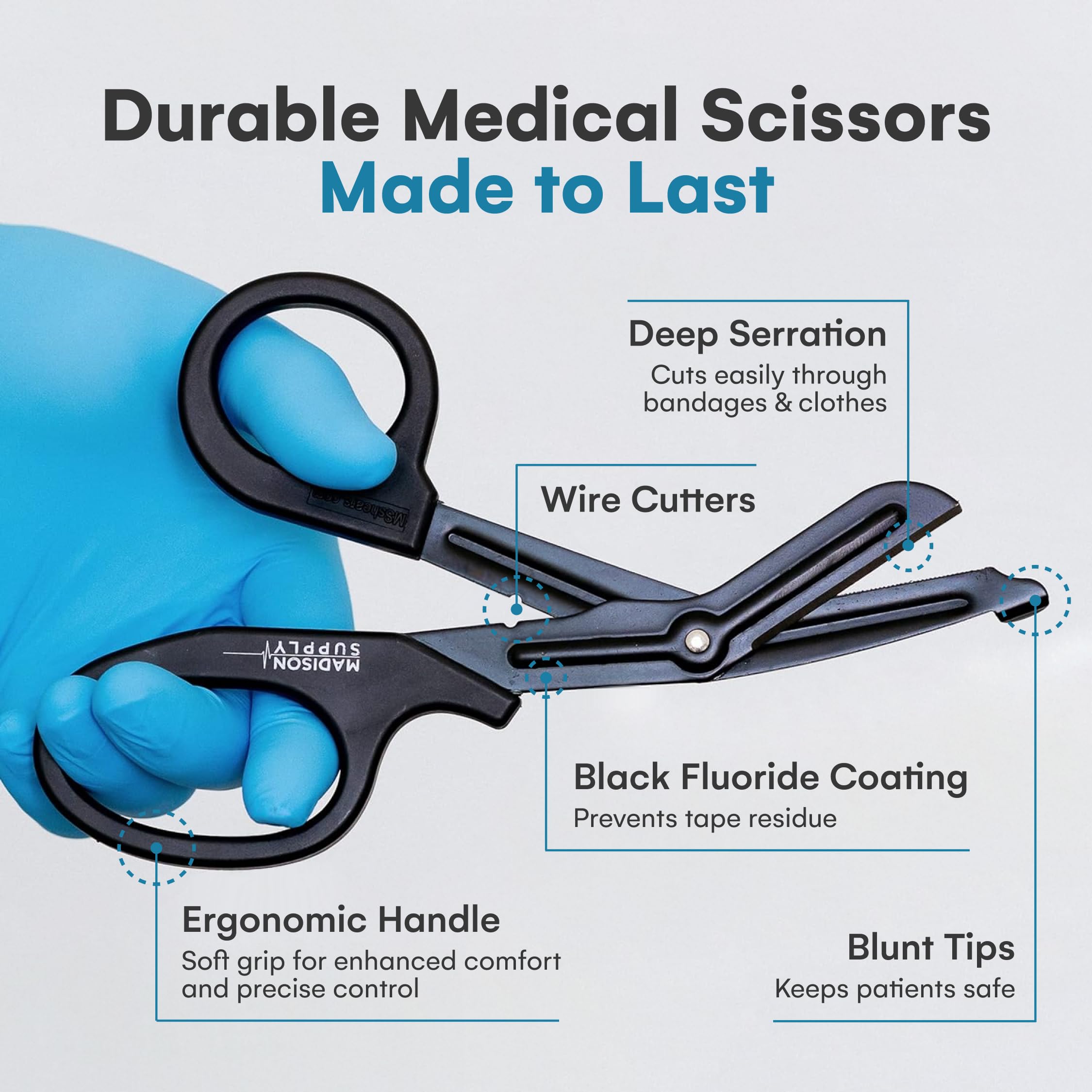 Madison Supply EMT and Trauma Shears for Left and Right Hand -7.5-Inch Bandage Scissors, Stainless Steel Medical Shears -Fluoride-Coated Blades for First Responder, Nurse, and Doctor (2 Pack, Black)
