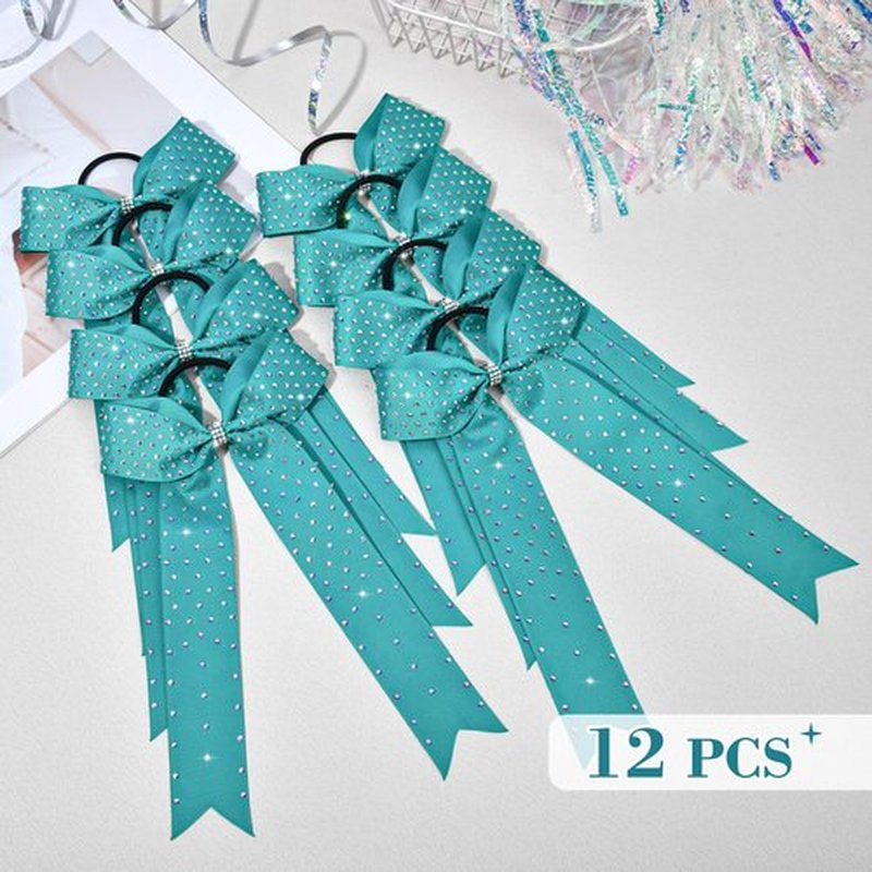 DEEKA 12 PCS Glitter Collegiate Style Cheer Bows Long Tail Full Rhinestones Skinny Shiny Cheer Bow Ponytail Holder Handmade Bows for Girls Teens Cheerleader Sports -Teal