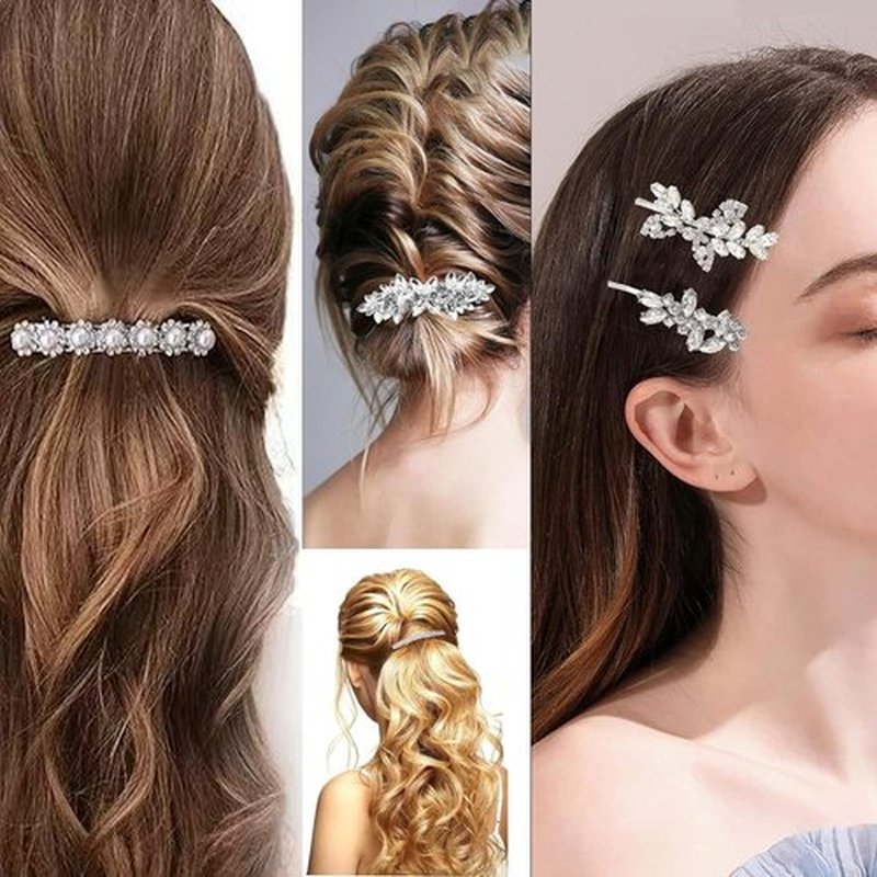 Fireach Hair Barrettes for Women Crystal Rhinestones Hair Clips for Thin Thick Hair Pins French Hair Accessories White Sparkly Wedding Hair Jewelry for Women