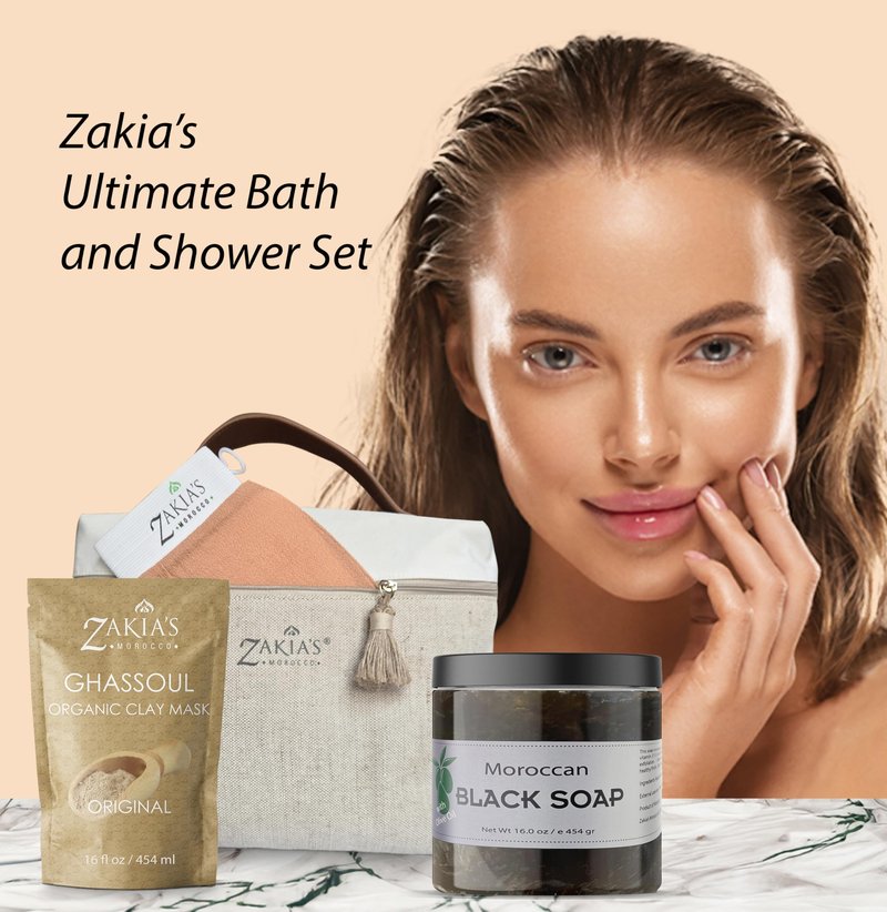 Zakia's Ultimate Moroccan Bath & Shower Set - 100% natural Moroccan "Beldi" Black Soap (Original Formula), Body Scrub, Pure & Natural, Purifying, Cleansing, exfoliating for Hammam Ritual