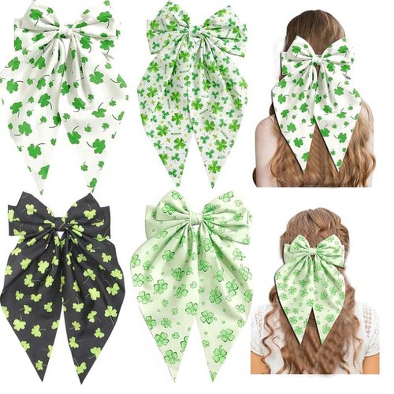 St Patricks Day Hair Bows for Women,Big Ribbon Bow Hair Clips for Girls, Oversized Long Tail Hair Barrettes Cute Hair Accessories (Green 4pcs)