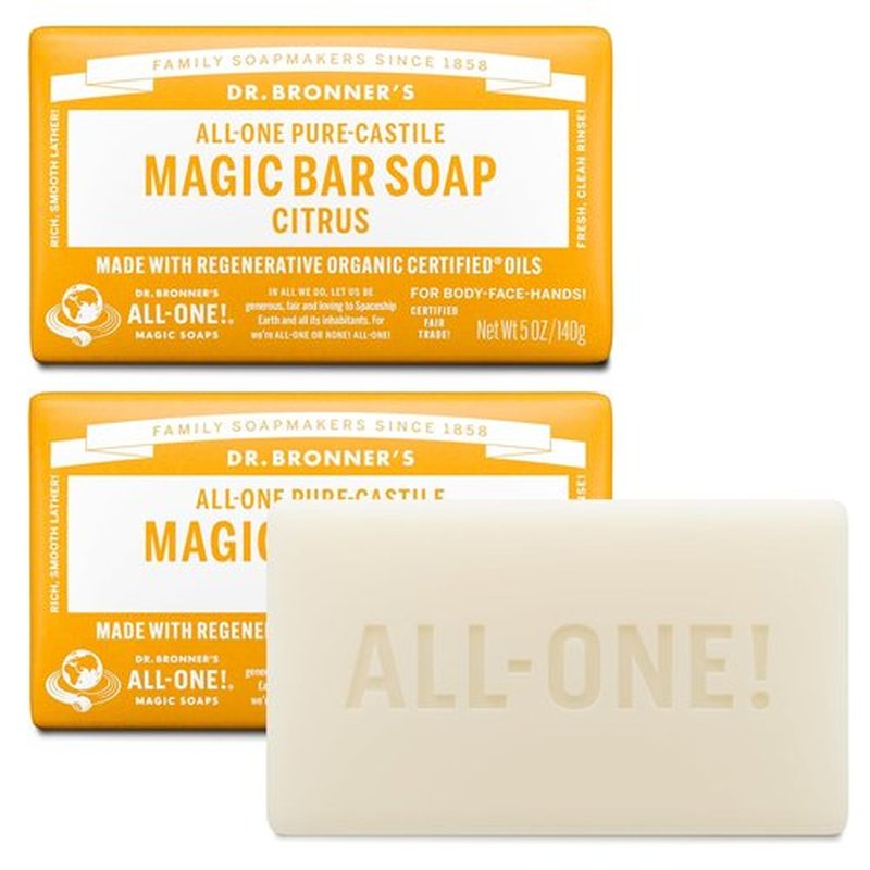 Dr. Bronner's Pure-Castile Soap Bars - Vegan & Organic - Citrus Scent, 2 Pack, 5 oz for Face, Body, Hair