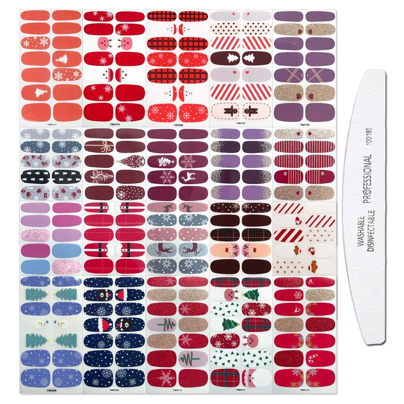 WOKOTO 20 Sheets Christmas Adhesive Nail Polish Strips with 1Pc Nail File Holiday Pack, Nail Polish Stickers Full Wraps Christmas Nail Stickers Manicure Kit Easy Nail Art Decoration Strips