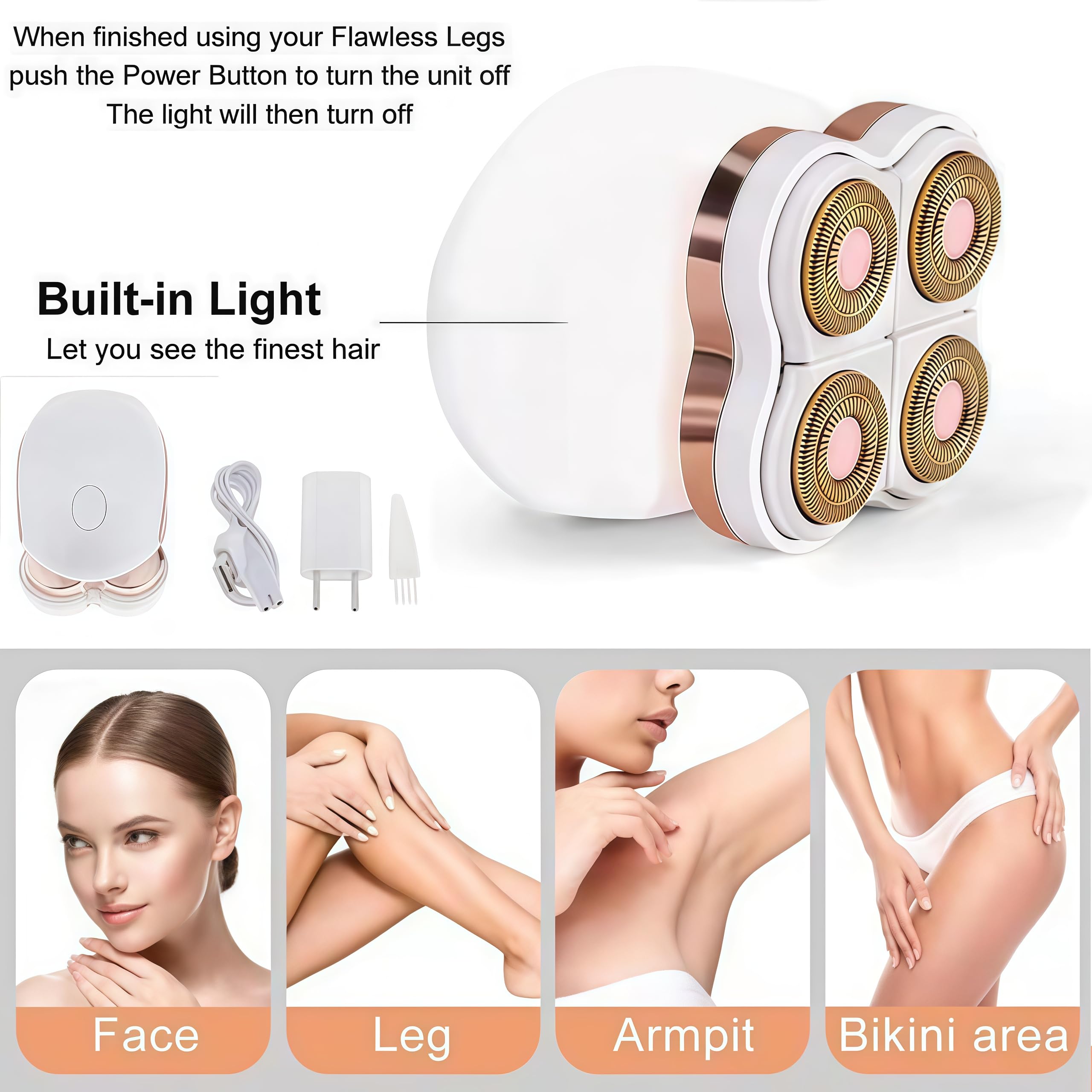 Petyoung Electric Razor for Women, Wet and Dry, Painless and Cordless Lady Shaver, Waterproof Shaver for Face Body Lips Leg Bikini, 4 Floating Heads Rechargeable Body Hair Remover with LED Light