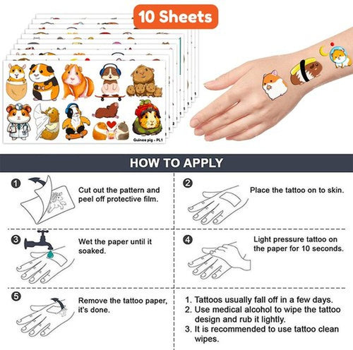 101 PCS Cute Guinea Pig Temporary Tattoos Themed Birthday Party Decorations Favors Supplies Décor Hamster Pet Mouse Animal Tattoo Stickers Gifts For Game Boys Girls Classroom School Prizes Reward