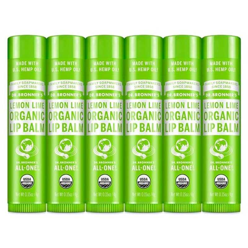 Dr. Bronner’s Organic Lip Balm - 6-Pack Moisturizing, Petroleum-Free Formula with Beeswax & Avocado Oil - Lemon Lime