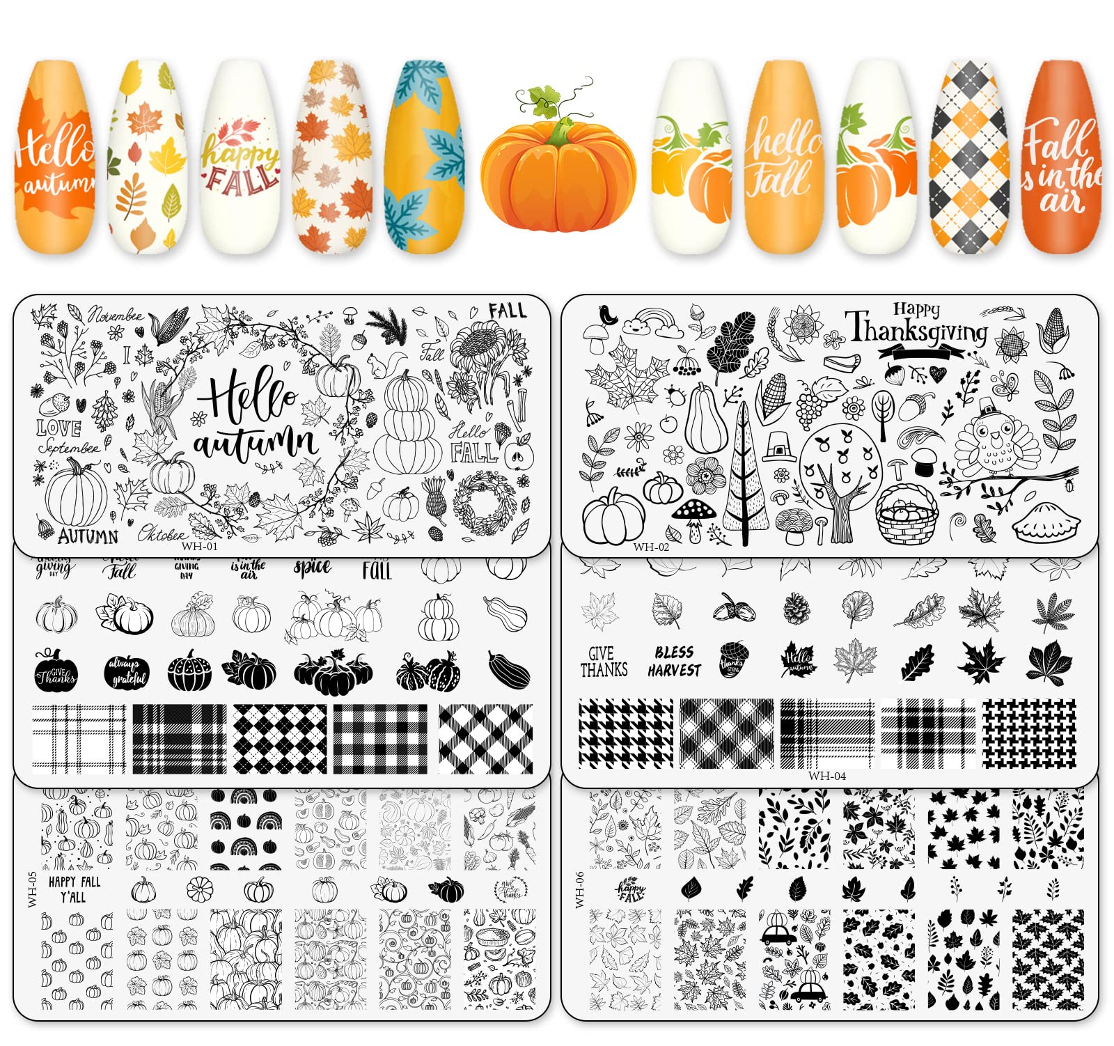 Whaline 6Pcs Fall Thanksgiving Theme Nail Art Stamping Plate Kit Various Pattern Pumpkin Maple Autumn Blessing Collection Checkered Nail Art Plate for Thanksgiving Day DIY Design Print Manicure Salon