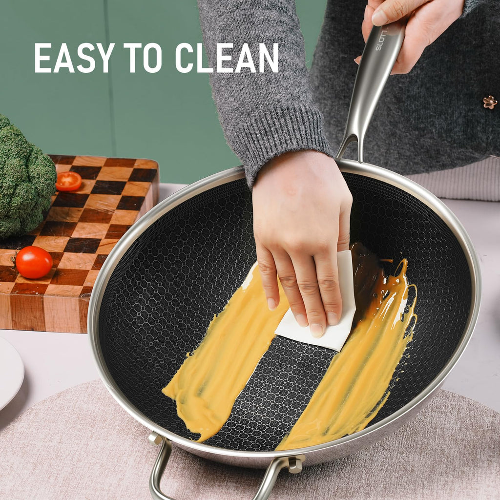 SLOTTET Hybrid 12-Inch Wok with Lid,Nonstick Stainless Steel Woks & Stir-fry pans,Stay-Cool Handle,PFOA Free Cookware,Dishwasher and Oven Safe,Compatible with All Cooktops