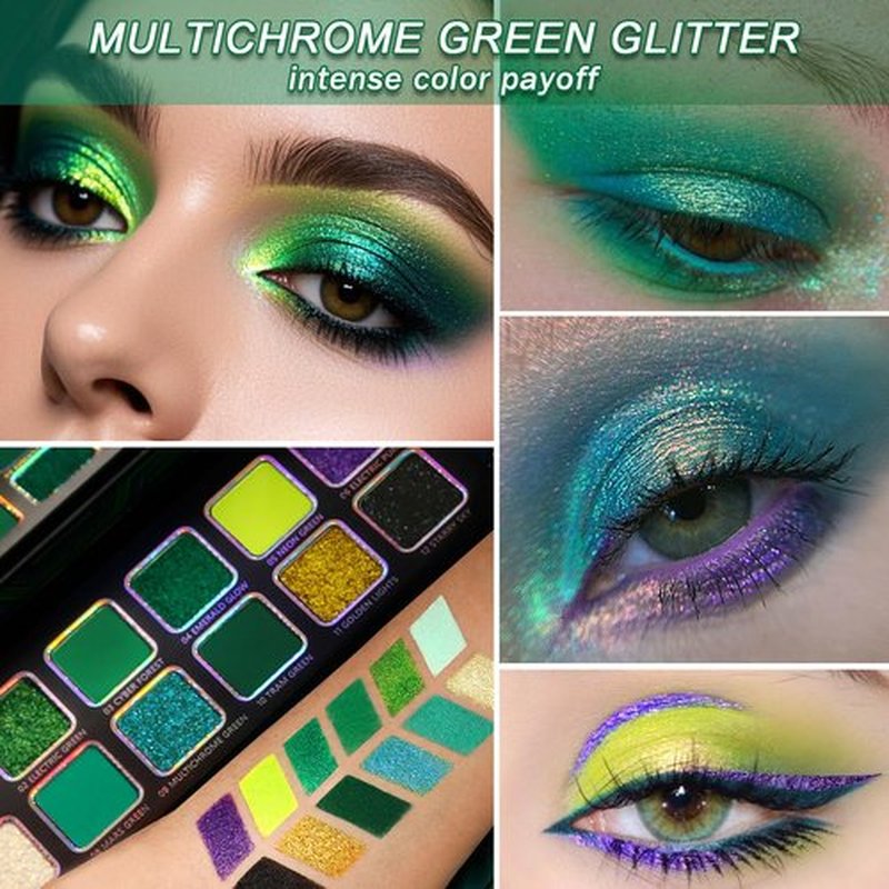 Afflano Multichrome Green Eyeshadow Palette, Color-Shifting Green Glitter Eyeshadow Pallet, Matte Chrome Eye Shadow Dark Forest green Makeup for Women Smokey Blue Brown Eyes Cosplay Party Daily Use