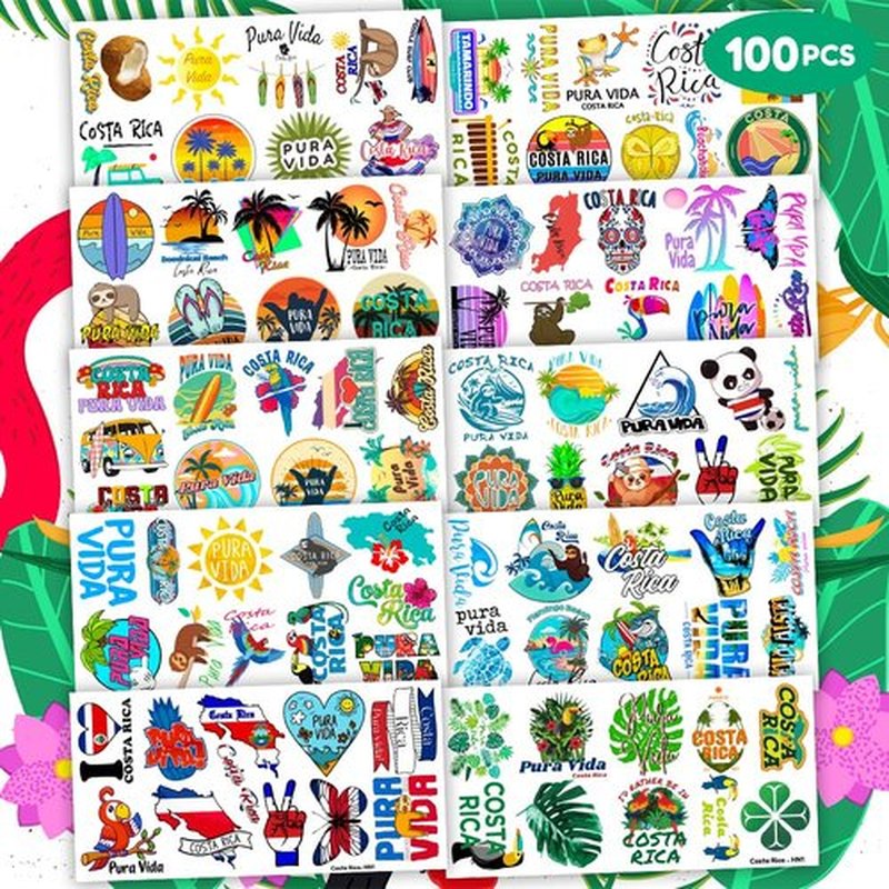 100PCS Costa Rica Pura Vida Temporary Tattoos Birthday Party Decorations Favors Supplies Summer Tropical Beach Tattoo Stickers Gifts For Kids Boys Girls School Rewards Prizes Carnival