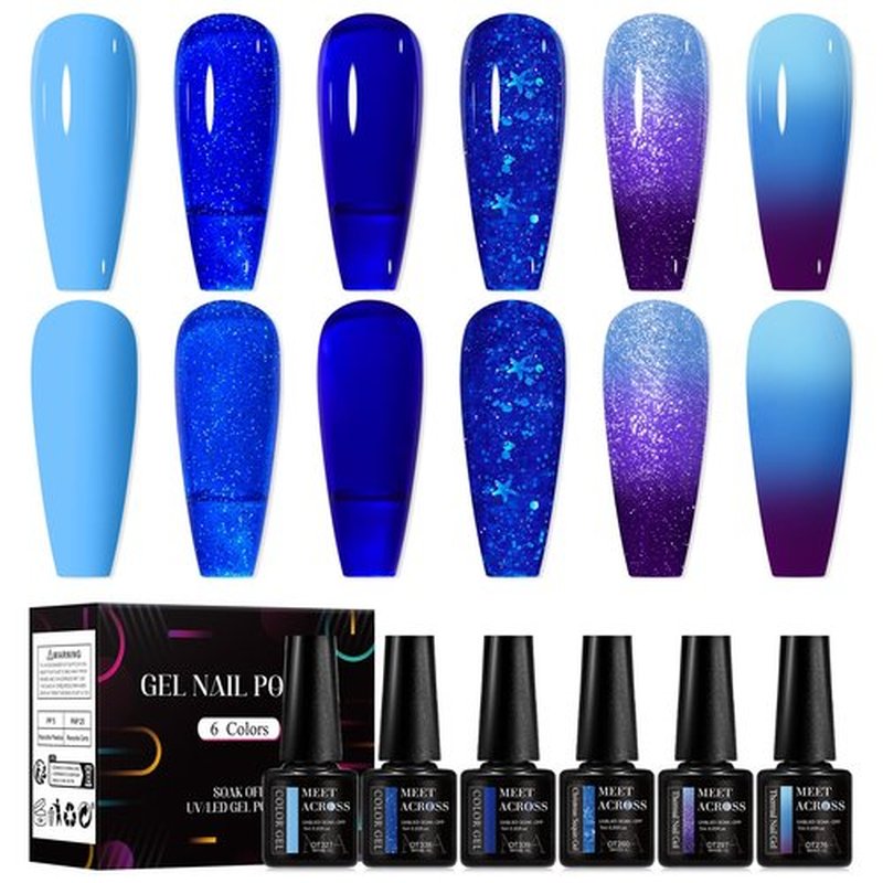 MEET ACROSS Vibrant Blue Glitter Gel Nail Polish Set, Long-Lasting Thermal Gel Polish, Soak Off UV LED Gel Polish for Salon-Quality Nail Art and DIY at Home - Easy to Apply and Remove