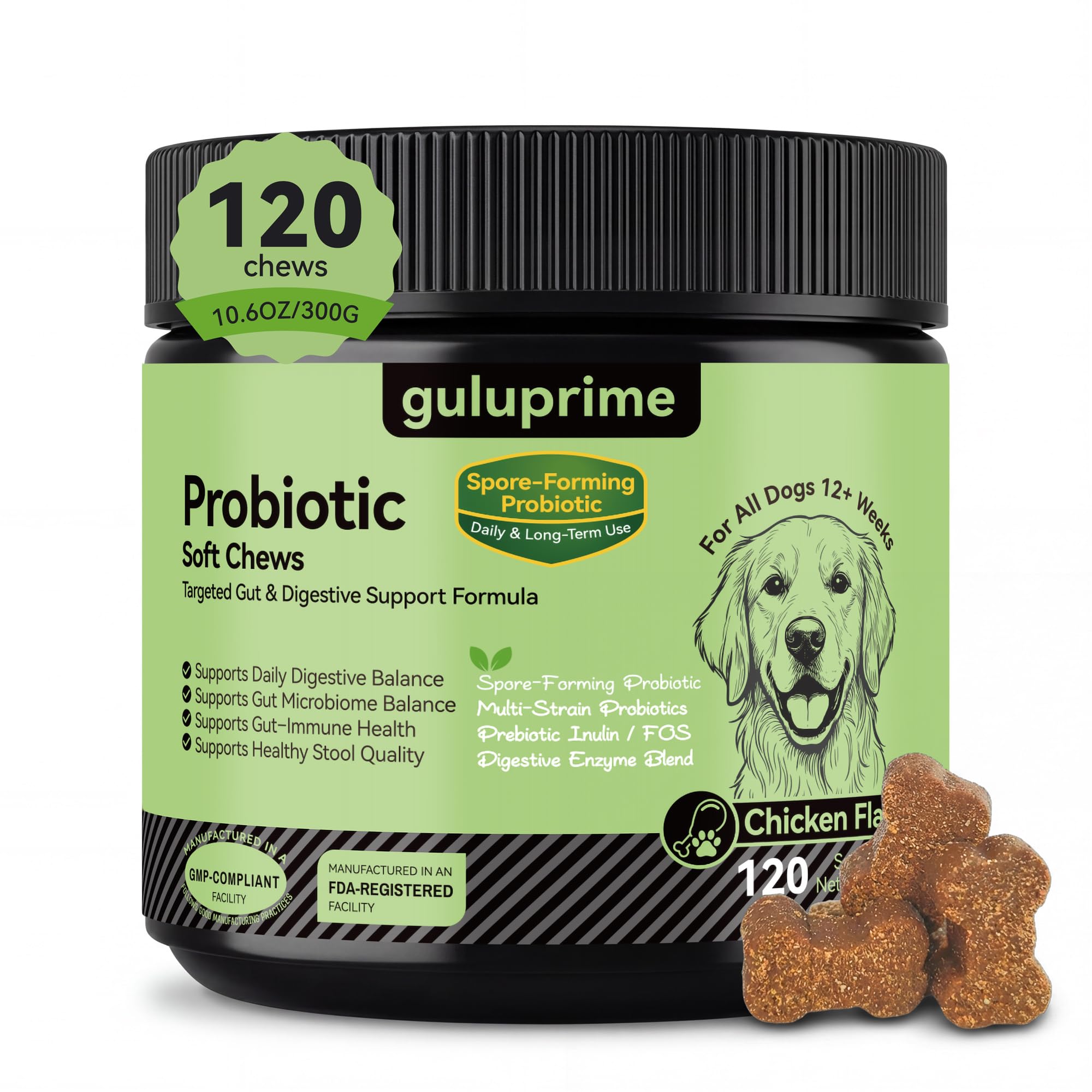 GuluPrime Probiotics for Dogs - Dog Probiotics Digestive Health Support, Dog Probiotic Chews with Spore-Forming Bacillus Coagulans, Prebiotic Inulin & Digestive Enzymes, Chicken Flavor, 120 Soft Chews